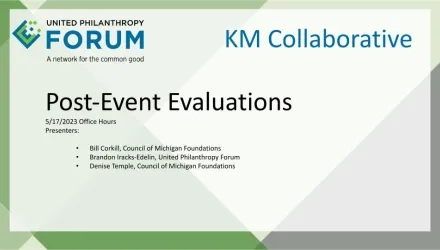 Title slide for May 16 2023 Office Hours program on post-event evaluations