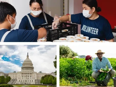 Collage of images showing volunteers sharing food, a Black farmer showing crops in a field, and the U.S. Capitol building