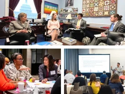Collage of images of Forum members in Capitol Hill meeting, discussing ideas, and watching a presentation