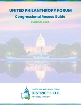 Forum Congressional Recess Guide Summer 2024 Cover Graphic Image of US Capitol Building and Sunset